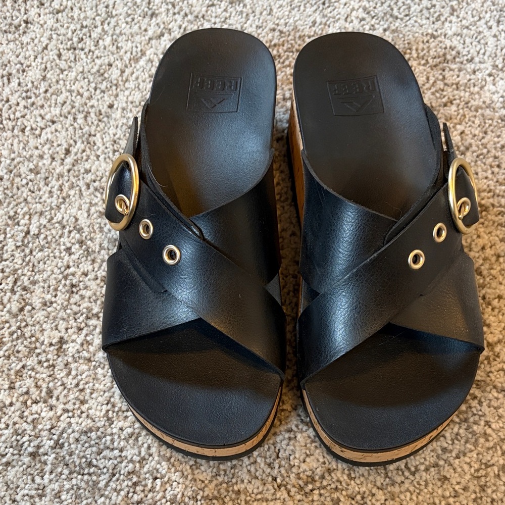 Reef Black Sandals with Gold Buckle